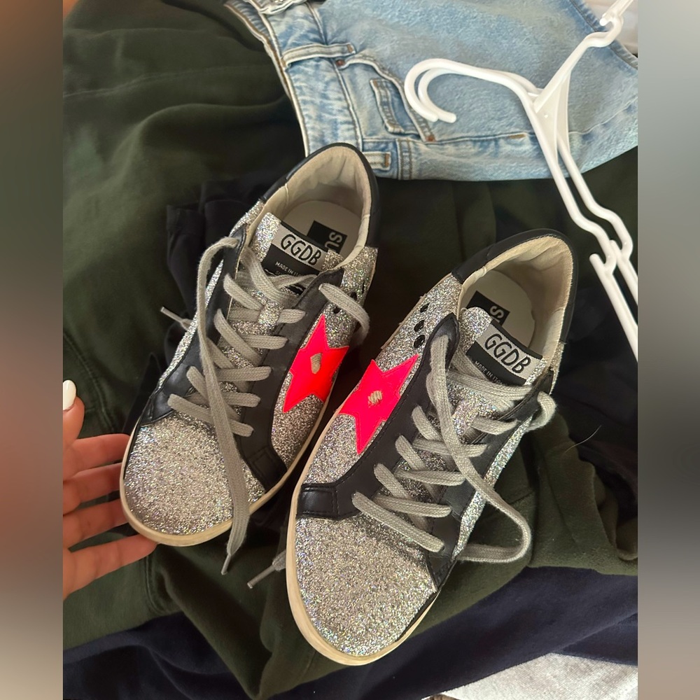 Golden goose Sneakers- Silver with Bright Pink star, purple design on the back